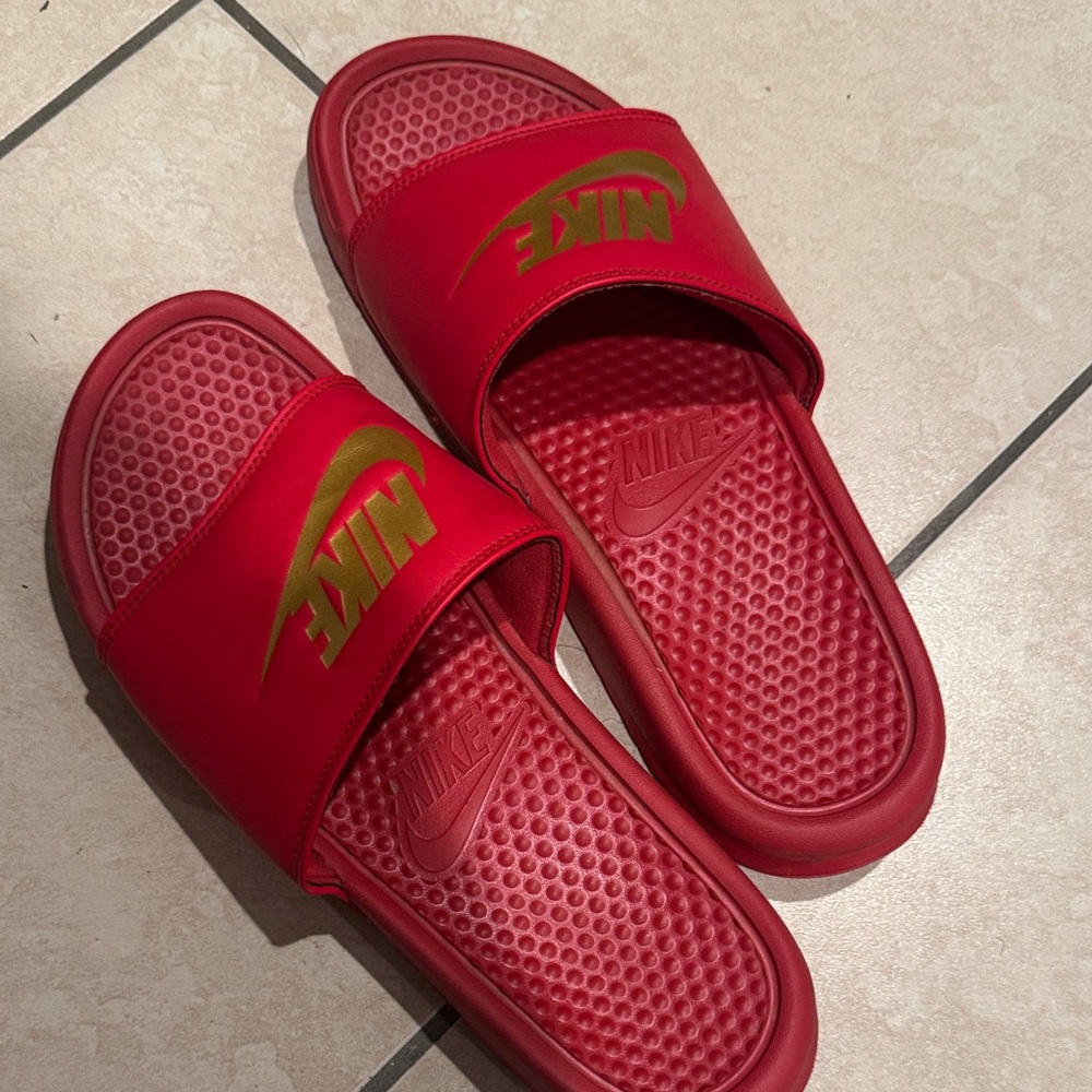Nike men’s Red and Gold Slide Sandals